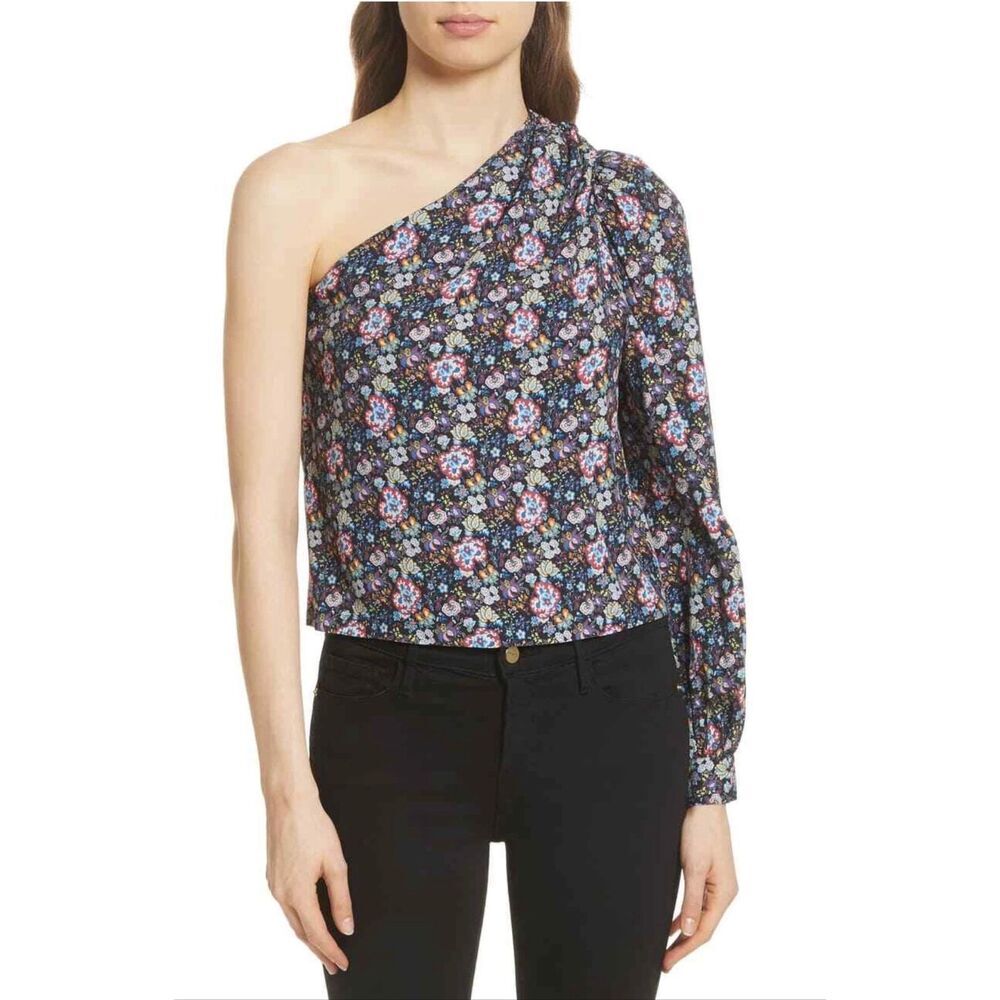 🌸 FRAME Black Floral Asymmetrical Top Size Small